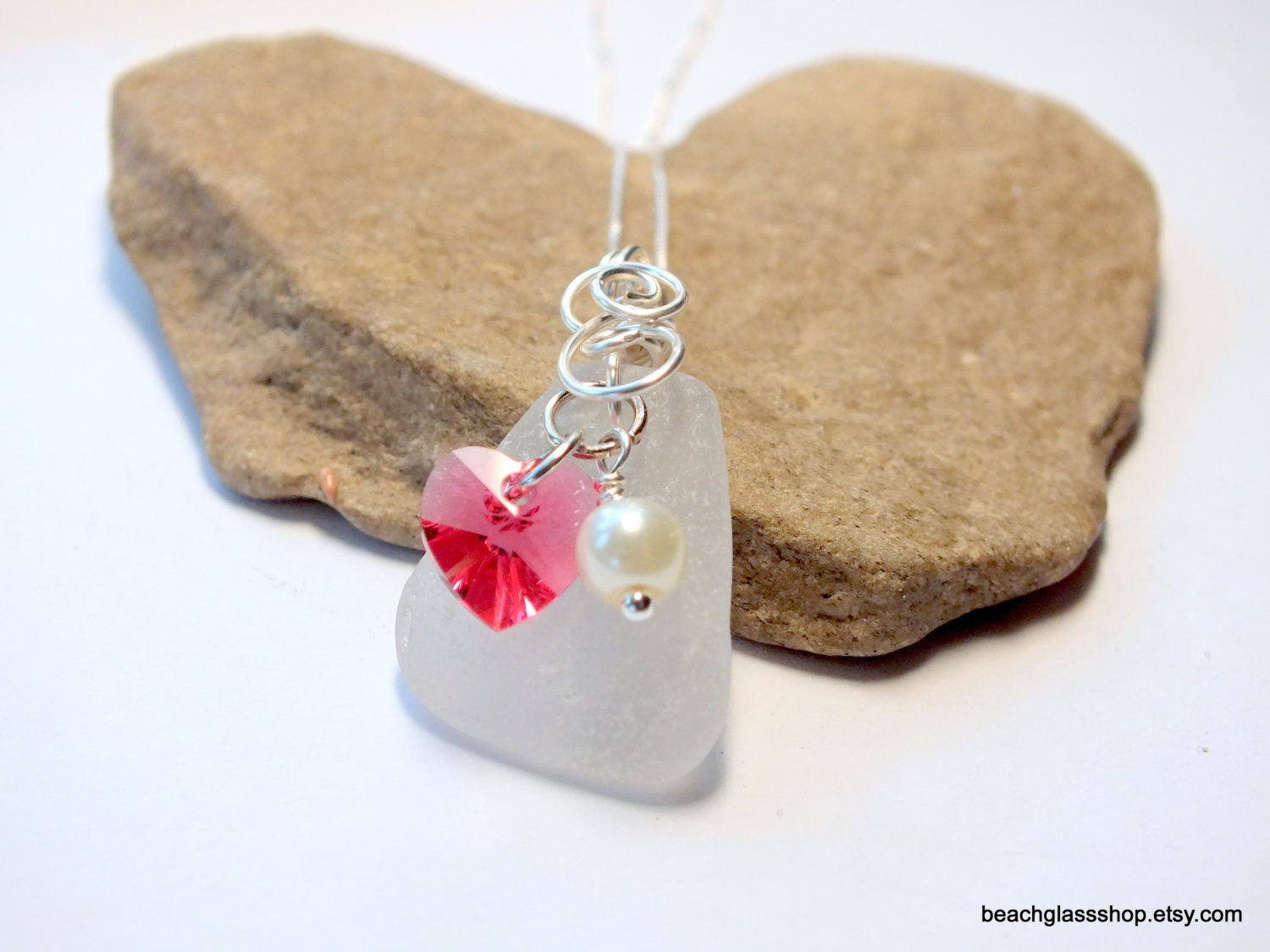 Sea Glass White Beach Glass Heart Bottle Necklace from Lake Erie