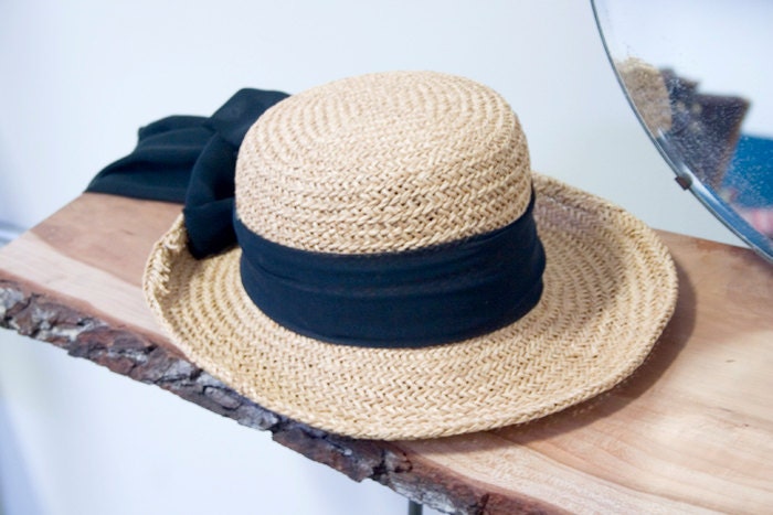 Vintage Woven Sun Hat with Black Chiffon Bow