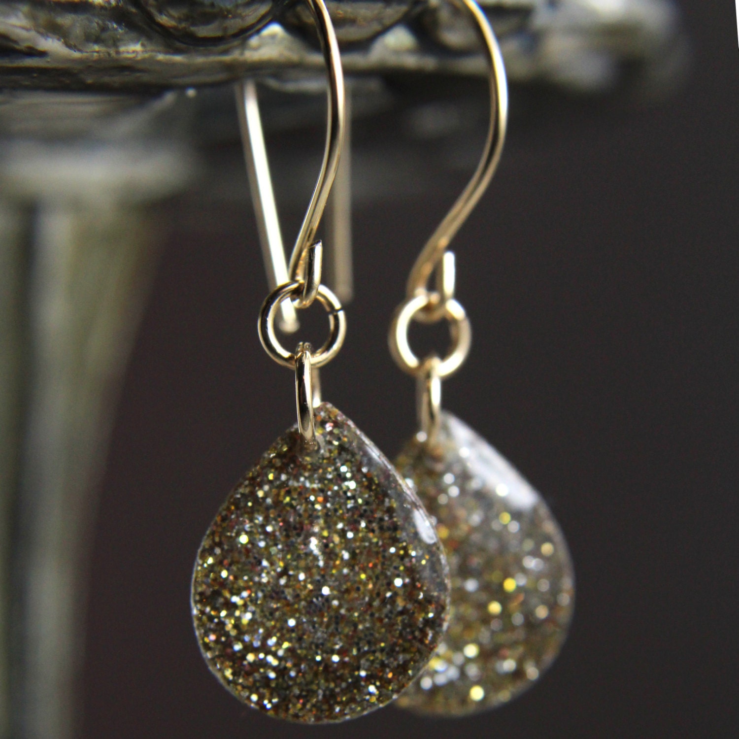 gold sparkly teardrop earrings on 14k gold fill - festive holiday earrings jewelry