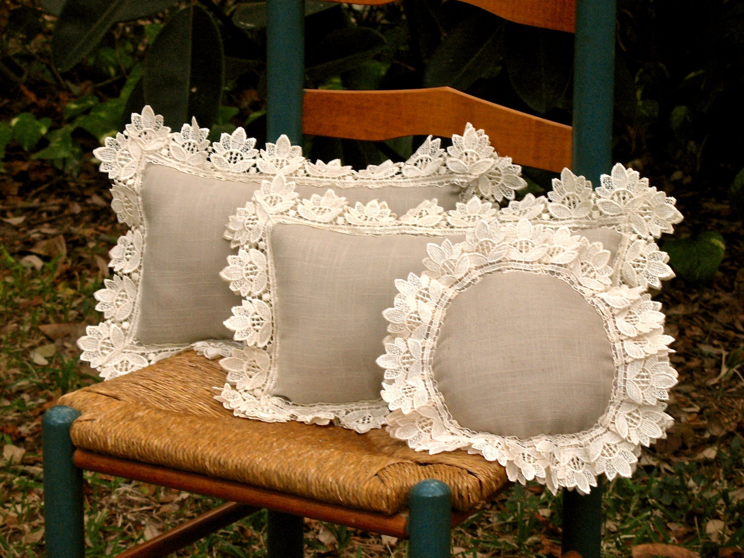 Linen and Lace Pillows - Vintage Inspired - Taupe and Cream