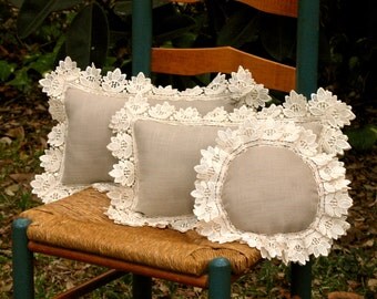 Linen and Lace Pillows - Vintage Inspired - Taupe and Cream