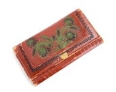 Vintage Tooled Leather Clutch -  Rustic 1940s Brown Leather Floral Bag / Large Flower Wallet
