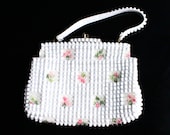 Vintage White Beaded Purse - 1950s 1960s Mod Pink Floral Purse / Flower Embellished Bag
