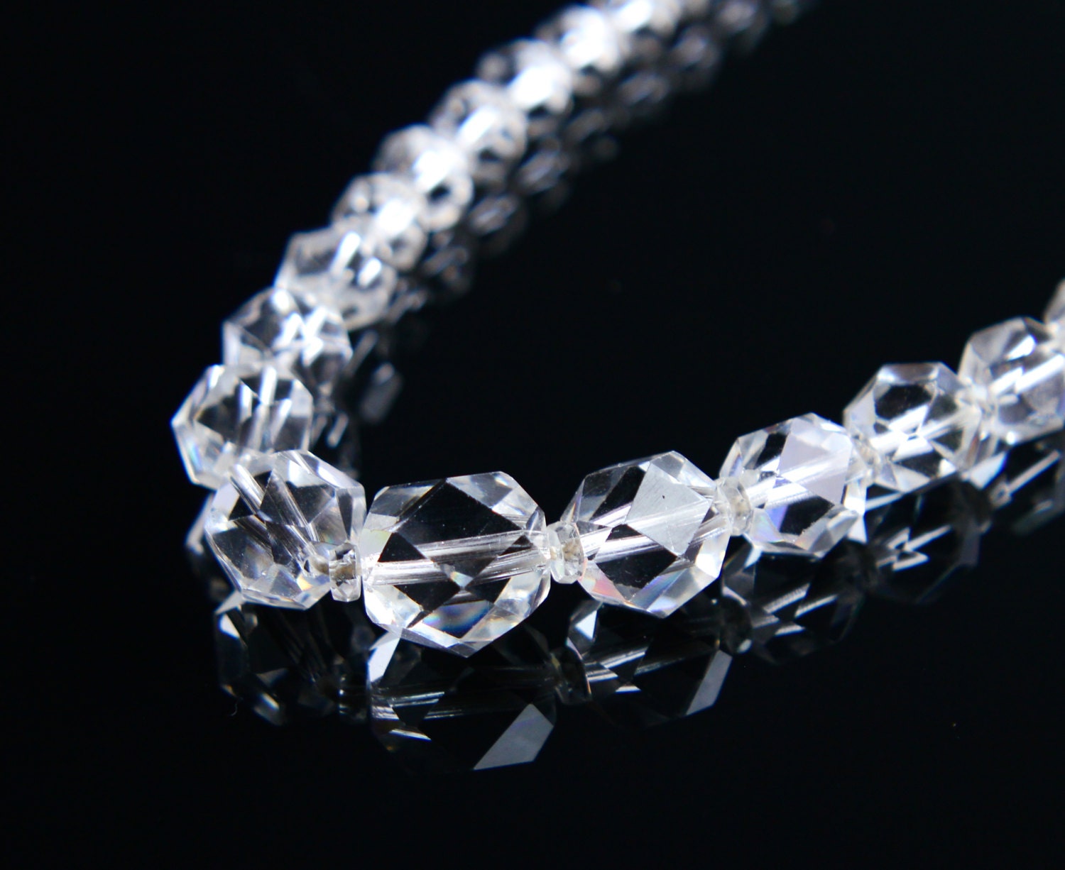 Vintage Clear Glass Beaded Art Deco Necklace - Single Strand Crystal Faceted Flapper Costume Jewelry / White Crystals
