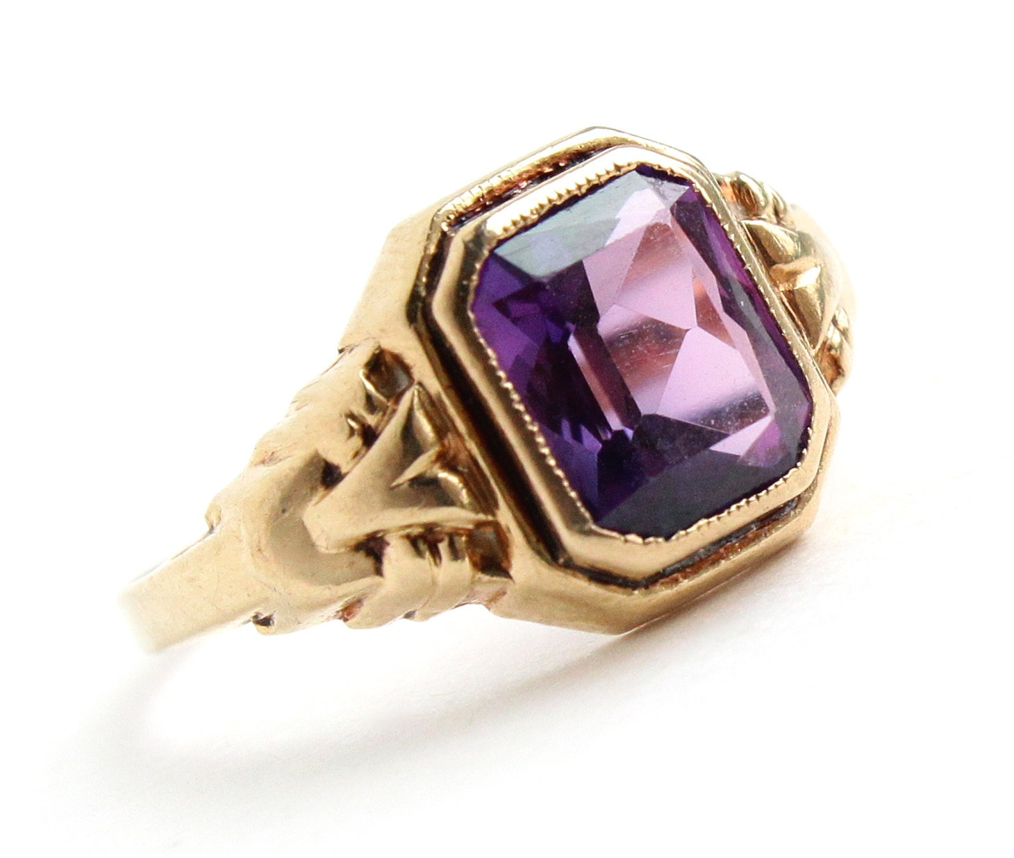 Antique 10k Gold Purple Stone Ring - Art Deco Size 5 1/2 Vintage Fine Jewelry / Emerald Cut Amethyst Purple