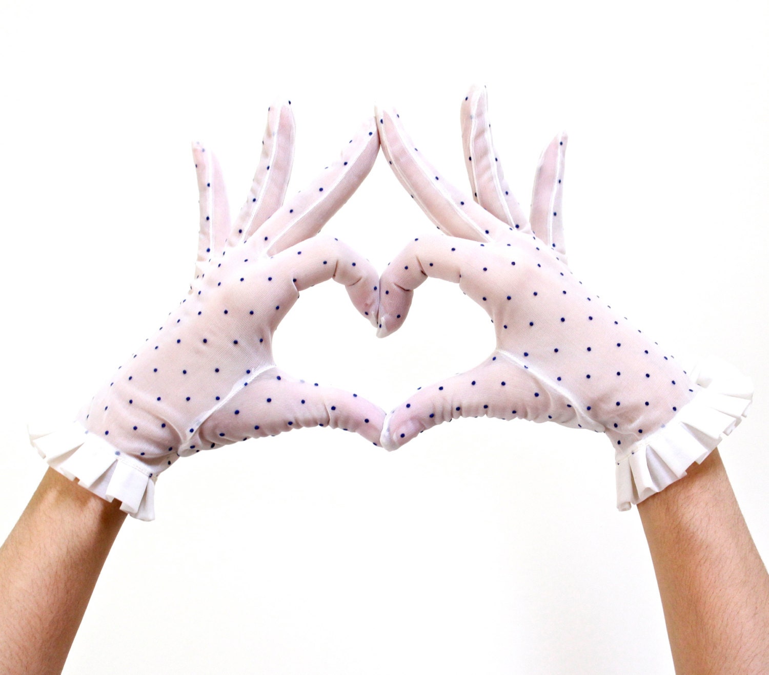 Vintage White & Blue Polka Dot Gloves Mid by MaejeanVintage