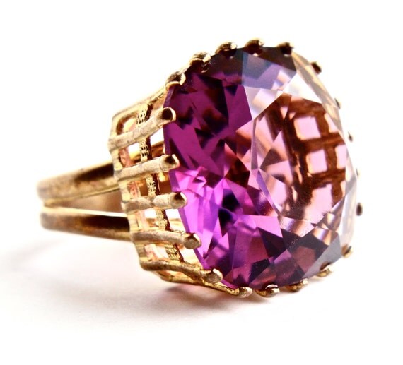 Vintage Huge Gold Tone Purple Stone Ring by MaejeanVintage