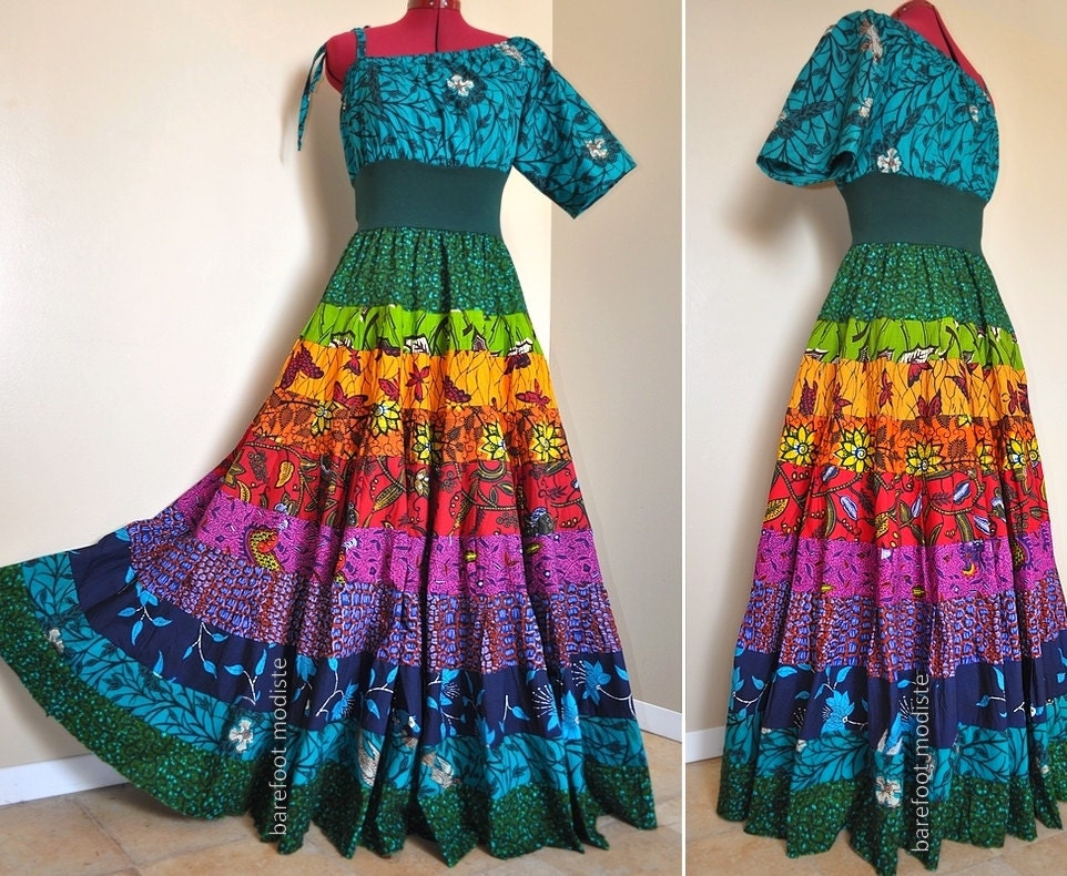 SpringRise Glow - Long African Patchwork Maxi Dress, OOAK Tiered Ethnic Gown, Long Bohemian chic, Best fit sizes - S to L, Short, Petite