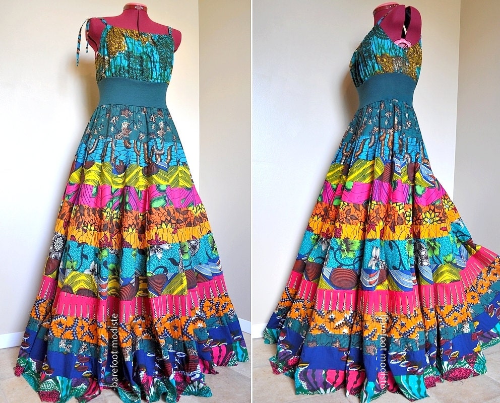 Summer Fiesta - Long African Patchwork Maxi Dress, OOAK Colorful Ethnic Summer Gown, Tiered Gypsy Gown,  Can fit sizes - S to L