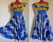 Sun Over Sea -  Short Ethnic Bohemian Gown, Ooak One shoulder African Maxi dress, Blue Yellow, best fit sizes - S, M