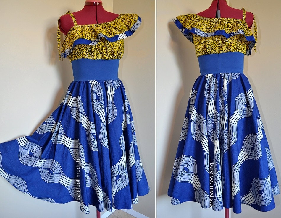 Sun Over Sea -  Short Ethnic Bohemian Gown, Ooak One shoulder African Maxi dress, Blue Yellow, best fit sizes - S, M