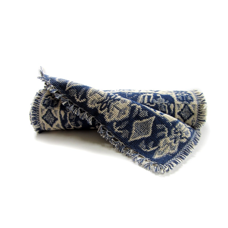 Vintage New Reversible Jacquard Weave Place Mats Blue and Cream Set of 4