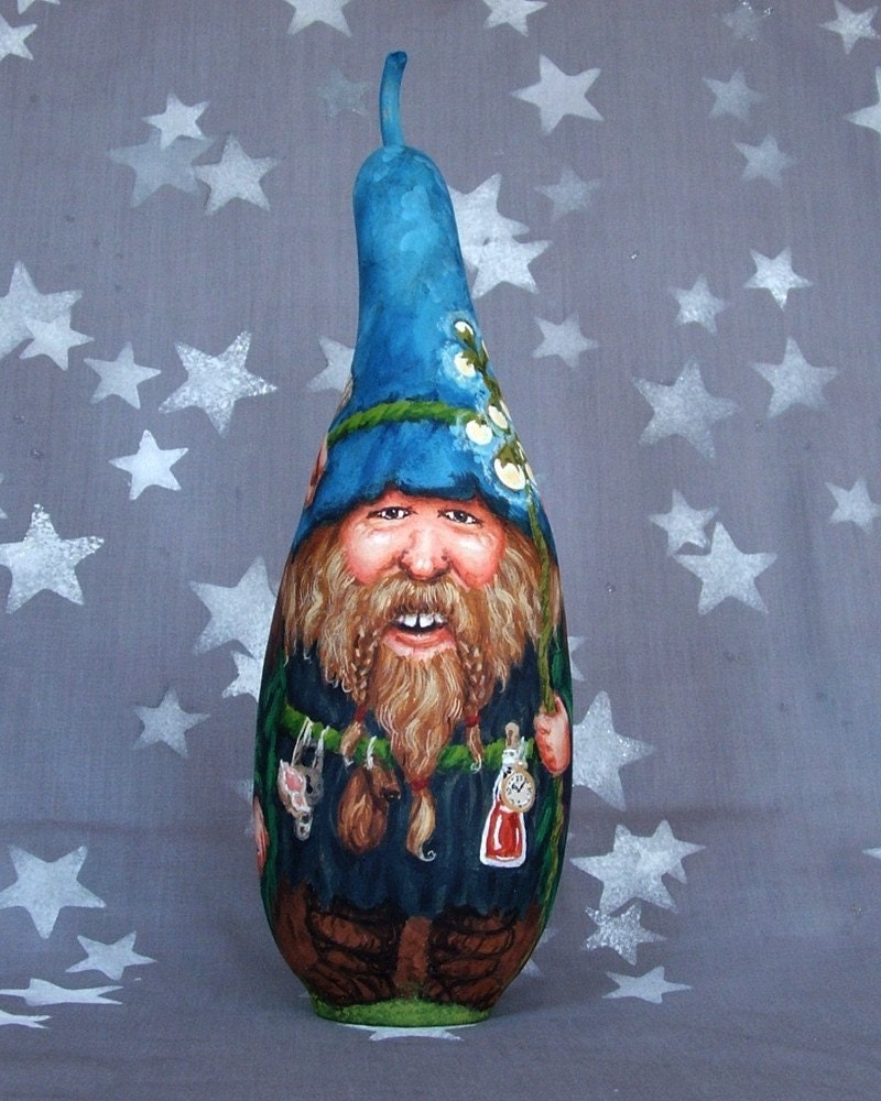 Woodland Folk, gnome, troll, fairies, hand painted gourd, 11 1/2 inches tall
