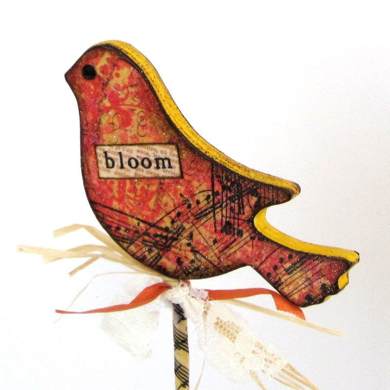 Garden Marker Decoupaged Wooden Bird Plant Marker Garden Stake Plant Pick Floral Pick Red and Yellow Bird