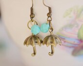 Rainy Day Antique Bronze Dangle Umbrella & Raindrop Charm Earrings