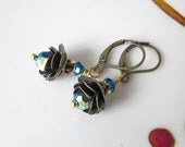 Vintage Style Brass Flowers Earrings - With Blue Swarovski beads