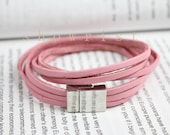 Pink leather bangle bracelet with silver magnetic cuff TS183