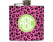 Pink Cheetah Animal Print Flask Custom Personalized Circle Monogram 21 Bachelorette Gifts - Stainless Steel 6 oz Liquor Hip Flask LC-1154