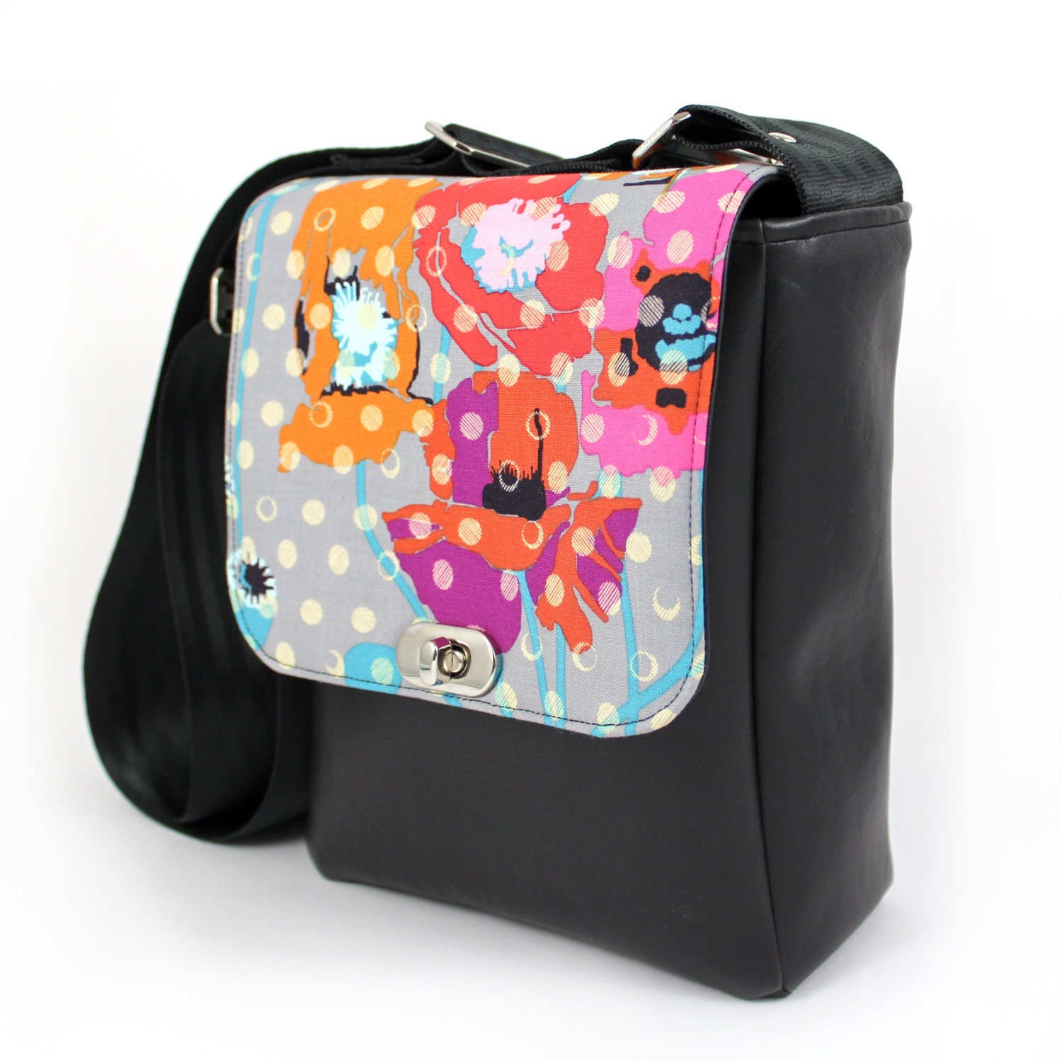 Women's mini black vegan messenger bag / pouch - raindrops and poppies, small handbag, compact, lightweight
