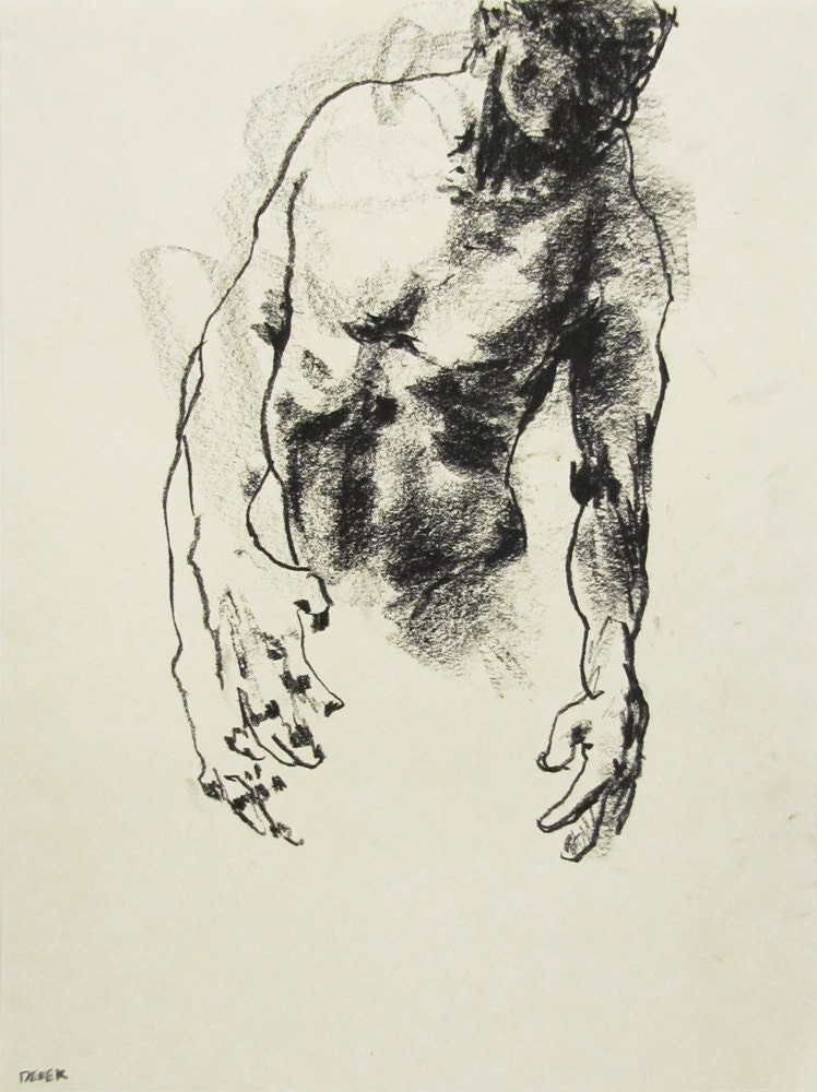 Male Figurative Art - Drawing 134 - 9 x 12" conte on paper - original drawing by Derek Overfield
