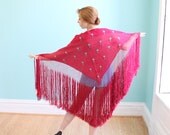 Vintage Fringed Shawl Crochet Raspberry Embroidered Flowers