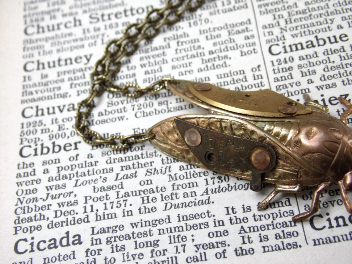 Steampunk Cicada Necklace vintage watch parts - CLOCKWORK BEETLE - antique brass - ooak - etsy uk