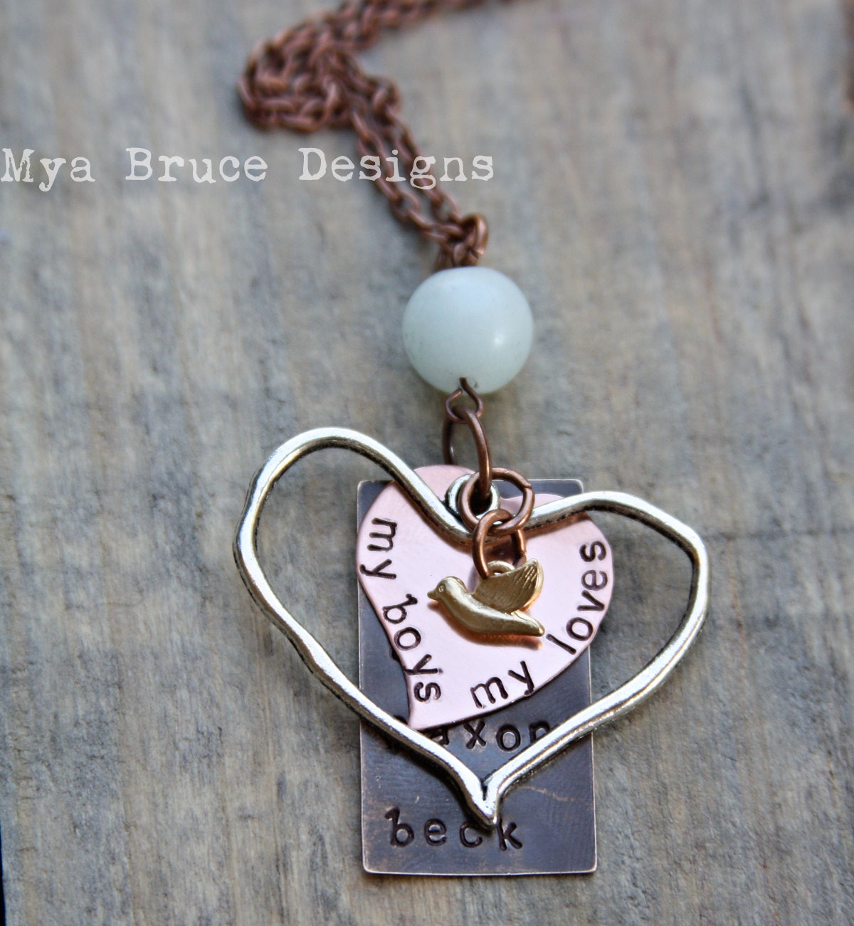 The Rachel. Mixed metal, personalized names or text with silver and copper hearts, mini gold bird, hangs from large amazonite stone