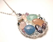 Multi Gemstone Tear Drop Necklace in Sterling Silver With Chalcedony, Chrysoprase, Mystic Quartz, Etc.