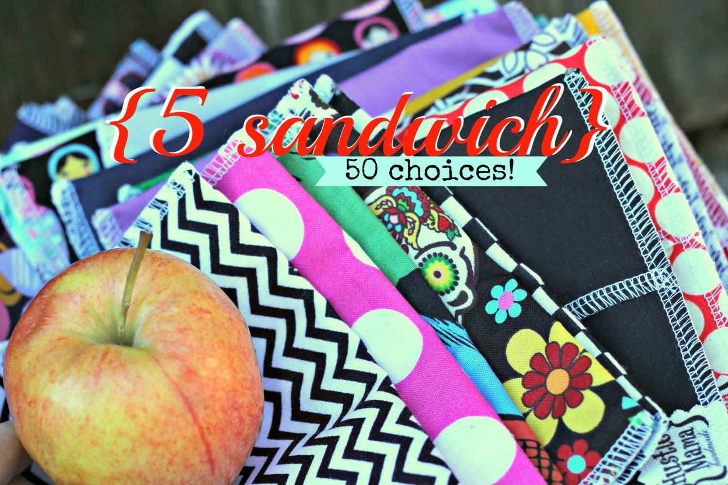 Reusable Sandwich Bag - YOU PICK set of 5- Fast Ship - Large size - 50 fabric choices - Ecofriendly