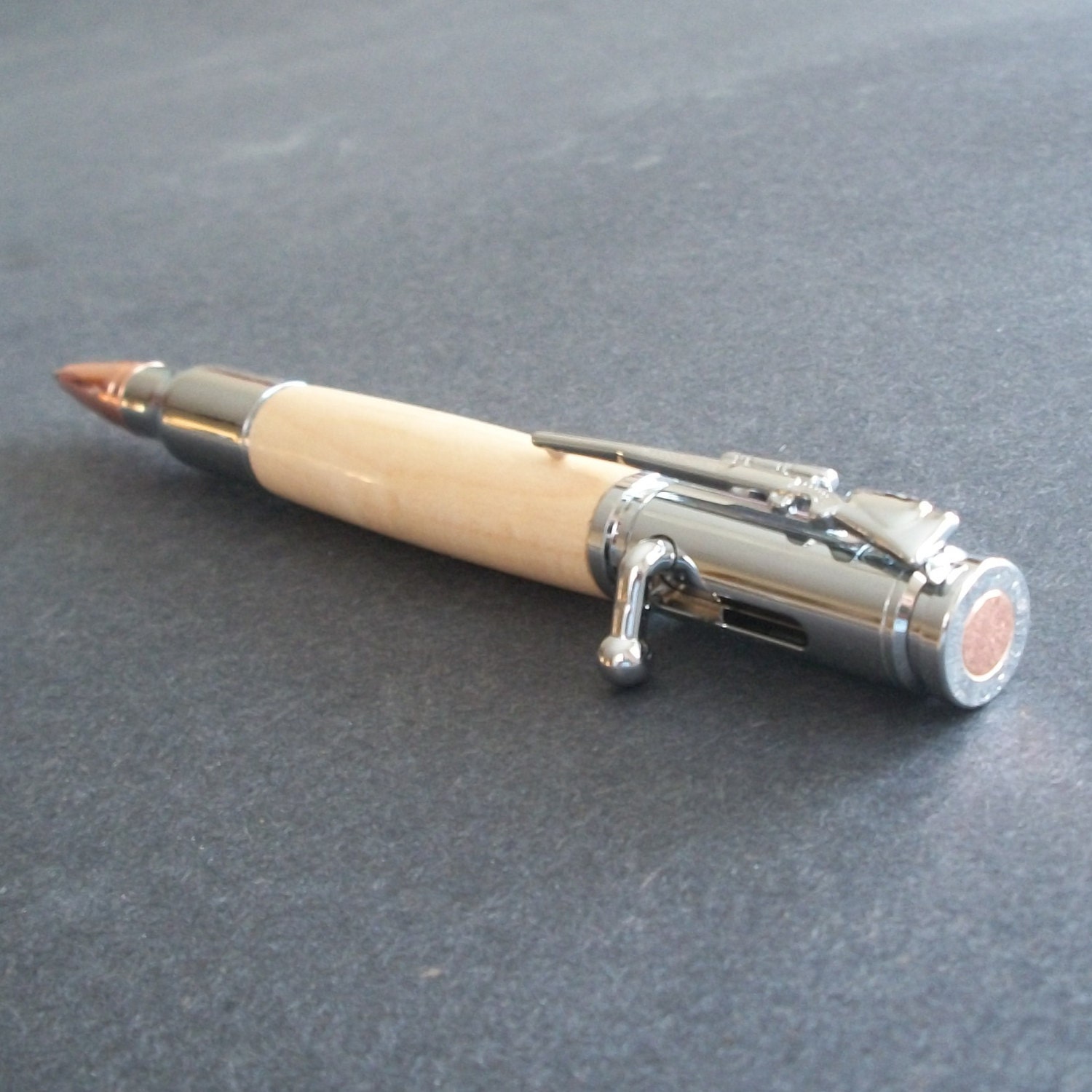 30 Caliber Bullet Pen, Bolt action, Birdseye Maple Wood