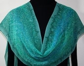 Hand Painted Silk Scarf Winter Woods. Scarf in Silver Green and Teal. Extra Long 11x90. Silk Scarves Colorado. 100% silk. MADE TO ORDER.