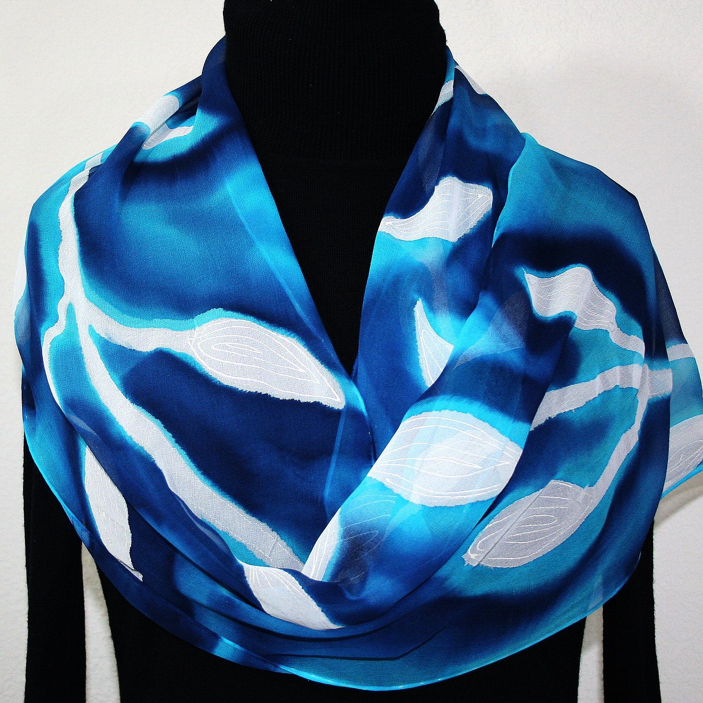 Hand Painted Silk Scarf Sea Forest. Scarf in Turquoise, Navy Blue, White. Extra-LONG 11x90. Silk Scarves Colorado. 100% silk. MADE to ORDER.