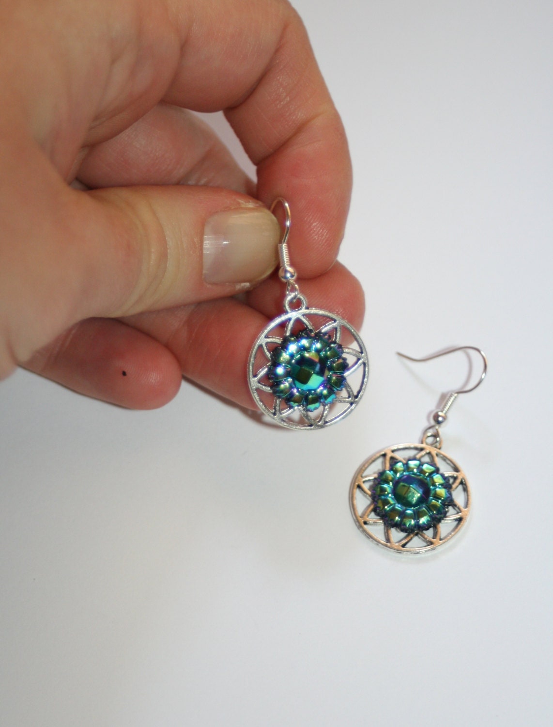 Silver scroll dangle Vintage pressed carnival glass flower iridescent earrings