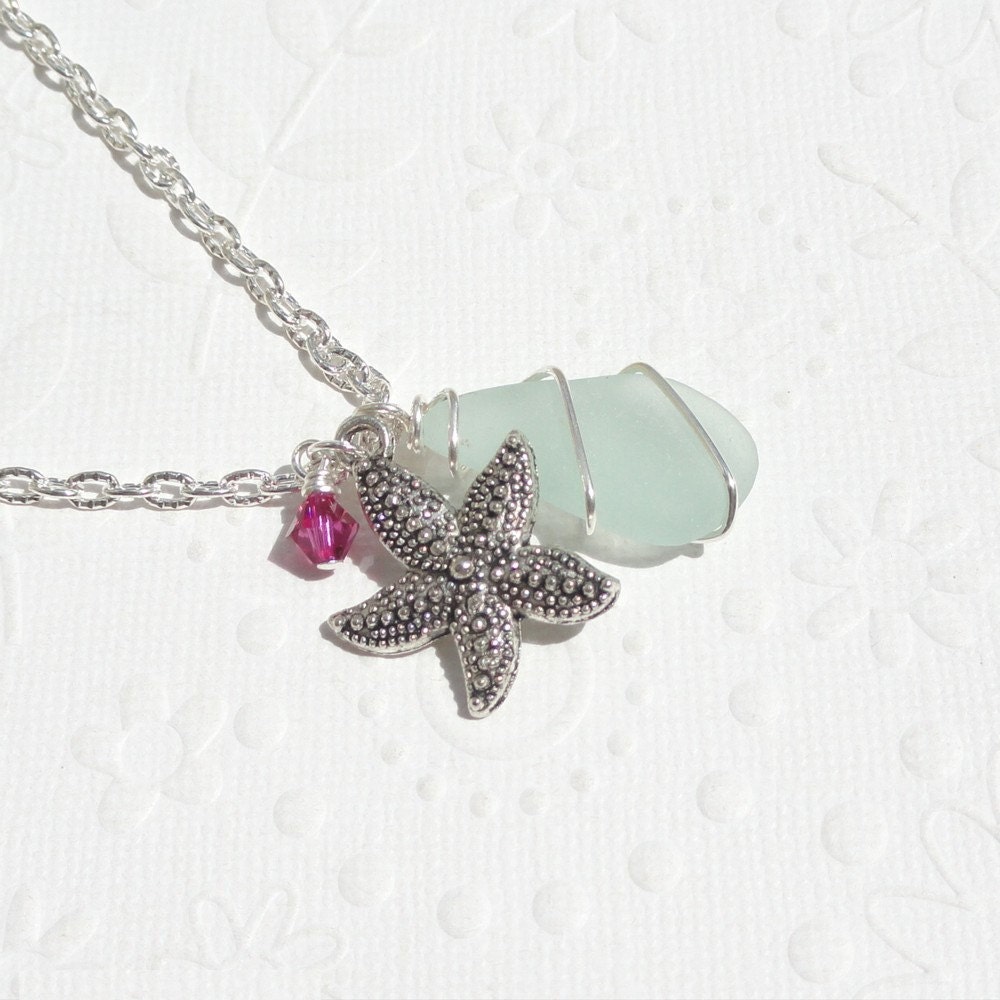 Seafoam Green Wire Wrapped Sea Glass Necklace with Starfish Charm and Swarovski Crystal