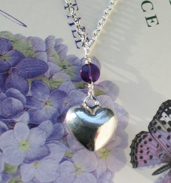 Amethyst Silver Love Heart Necklace  Valentine's Day