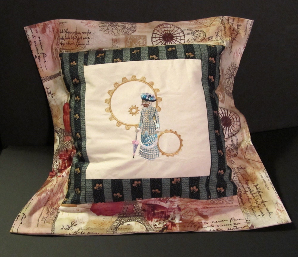 Steampunk Throw Pillow with Victorian Cat Lady  Embroidery Quilt Pieced Cotton 24" square