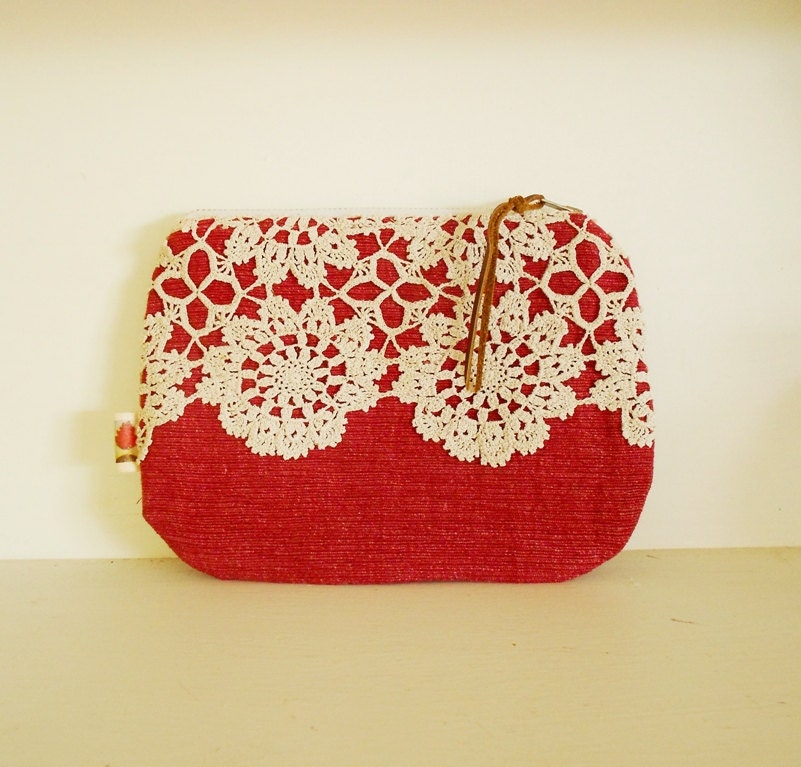 Crochet lace clutch purse / red zip purse / upcycled / bridesmaid clutch