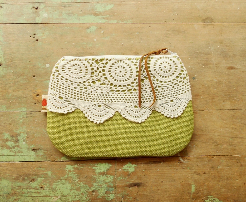 Crochet lace clutch purse / olive green zip purse / upcycled / bridesmaid clutch