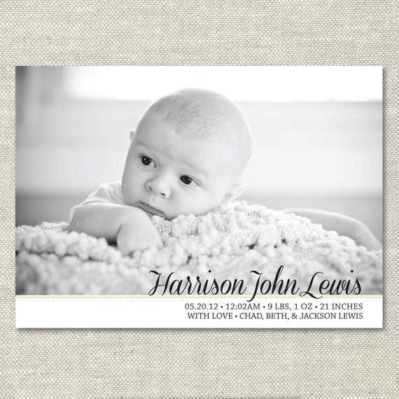 Classic Black and White Custom Photo Birth Announcement (Digital or Printed)