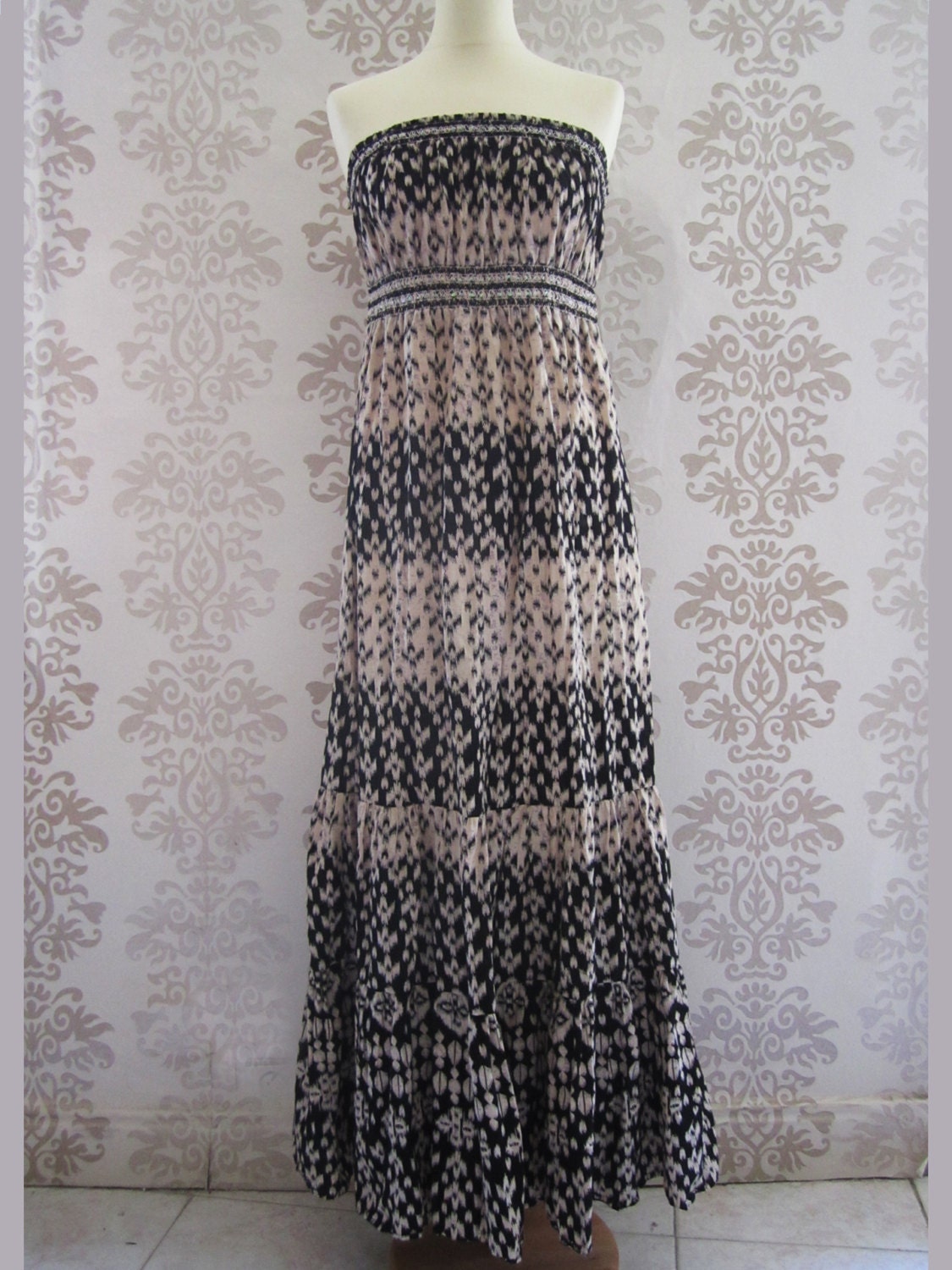 Vintage 80s Strapless Cotton Dress Long Sundress Holiday Fashion Woman Clothing Black Beige Size S/M/L