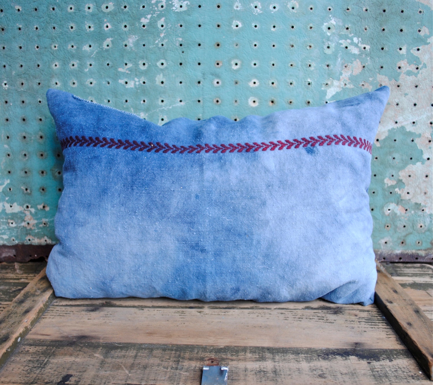 Vintage Woven Embroidered Natural Indigo Cotton Throw Pillow