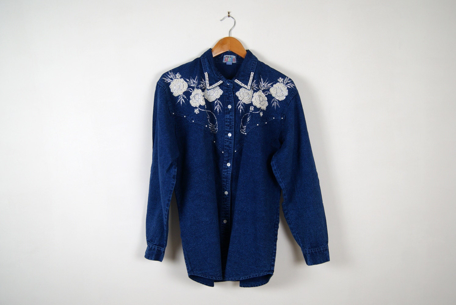 80s 90s Floral Beaded Denim Shirt Sz m