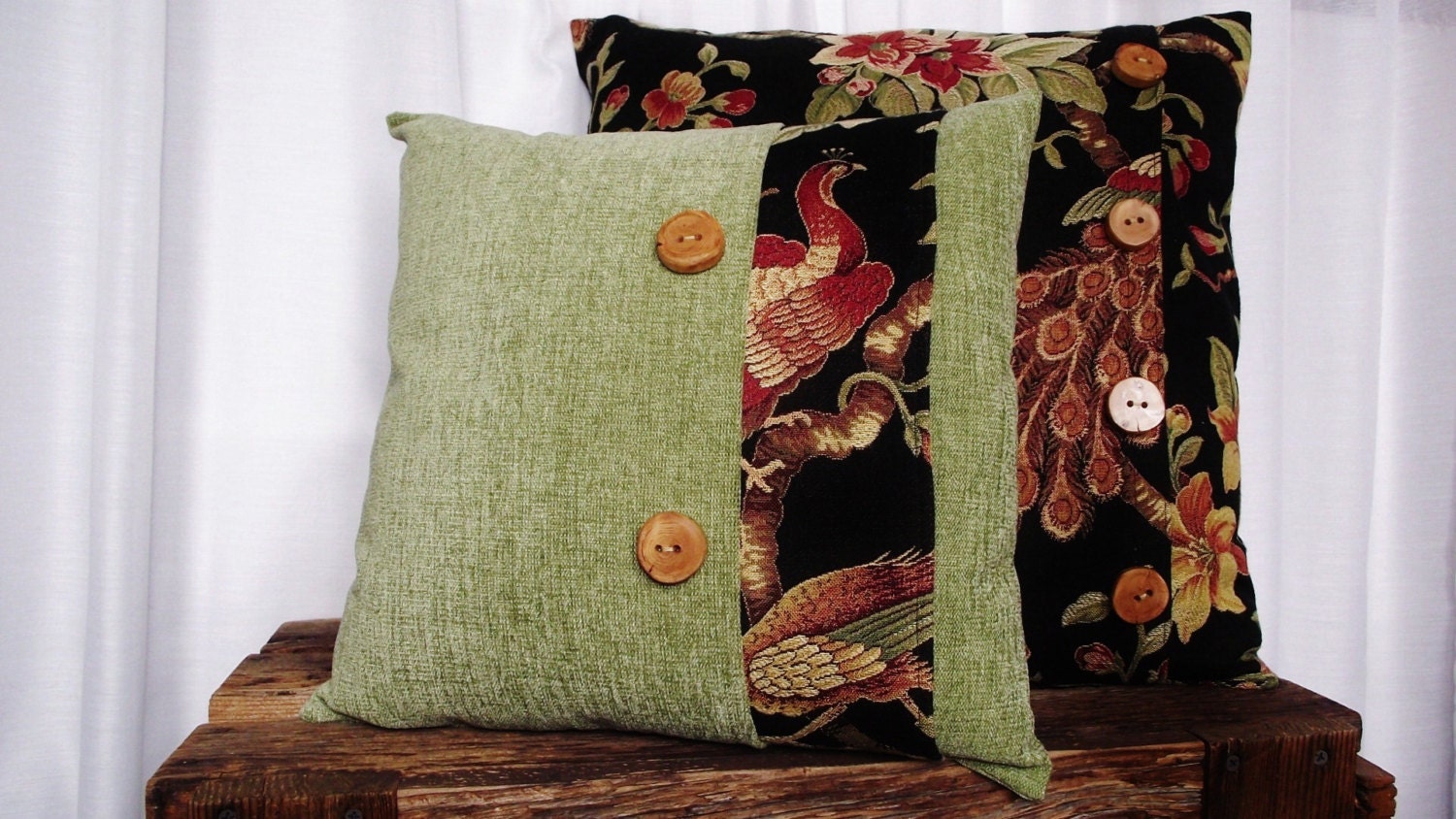Pillow Cover 16x16 Lawn Green Chenille Fabric, Peacock Floral Pattern Fabric. Wood Buttons Accent.