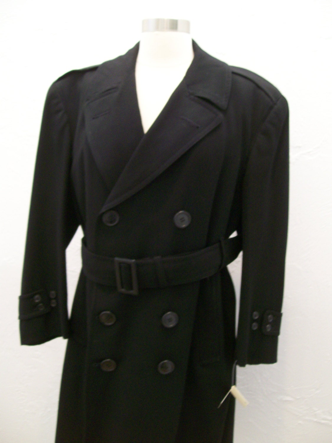 elegant 1940s black gabardine trench coat for men or women