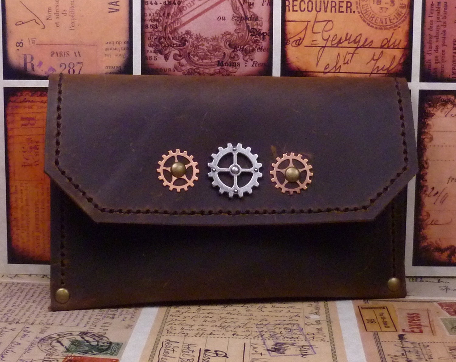 Steampunk smart phone case in distressed brown leather with snap closure P011