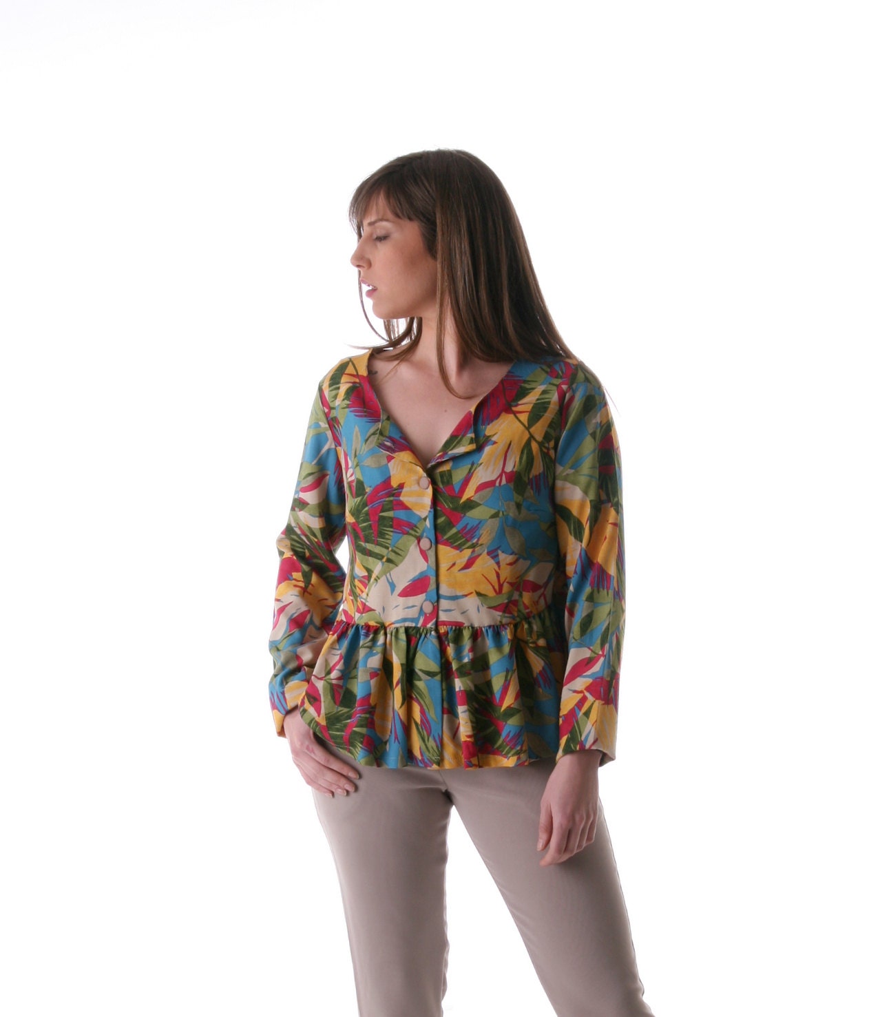 Winter sale, Peplum Floral top, Long sleeve blouse, Women buttoned cardigan