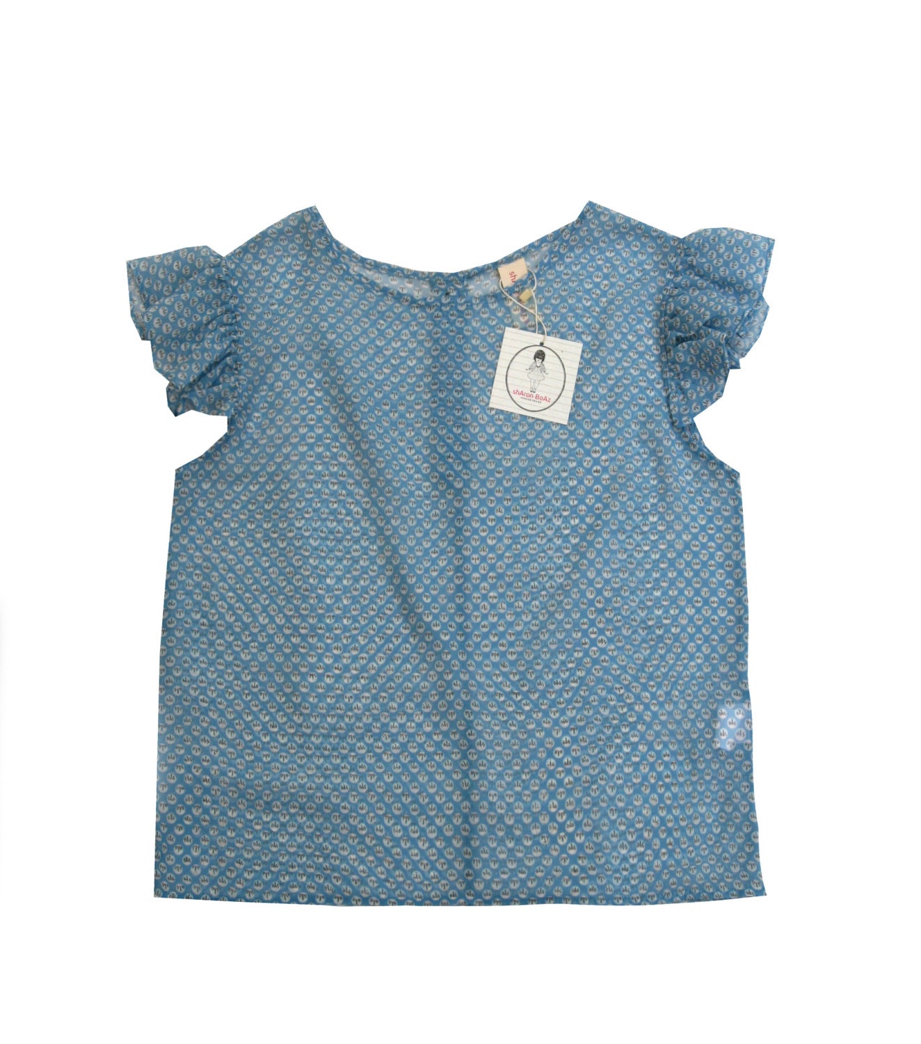 Blue Dots shirt, Sheer chiffon blouse, Summer top, Buttoned back shirt