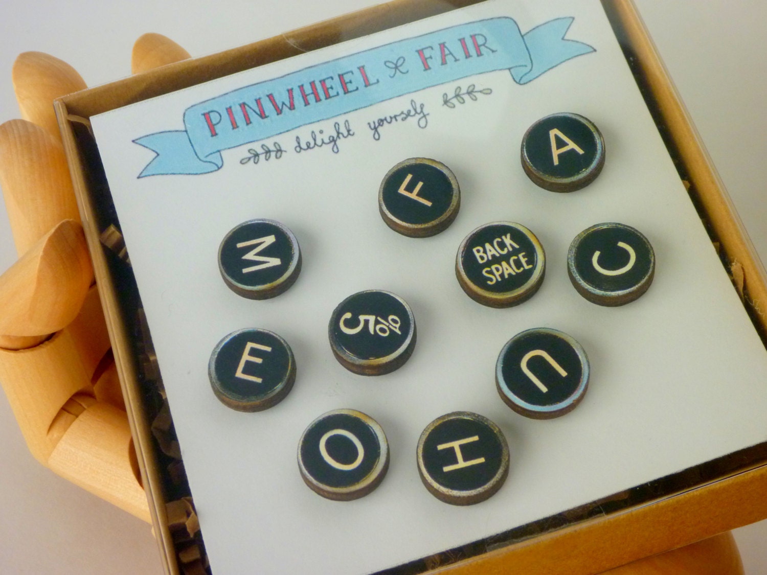 Vintage Office Replica Wood Typewriter Keys - Qty 10 - Push Pins Magnets Old School Retro Industrial Office College