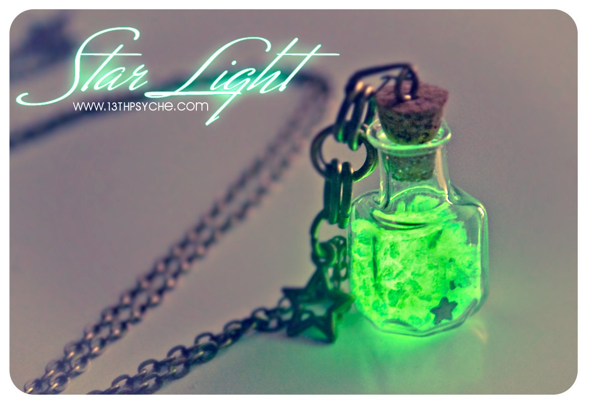 Glow in the dark. Glowing Star light Glass Bottle Necklace, with glass frit and glitter stars. glass Bottle Pendant. Cute necklace