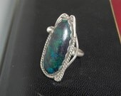 Long Native American Sterling Silver Ring - marbled blue green stone - Size 10